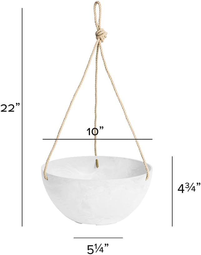 Root & Vessel Self Watering Hanging Planter for Indoor or Outdoor Plants, Unique Marbled Hanging Basket Made of Eco-Friendly Blend of Stone & Plastic, White, 10"