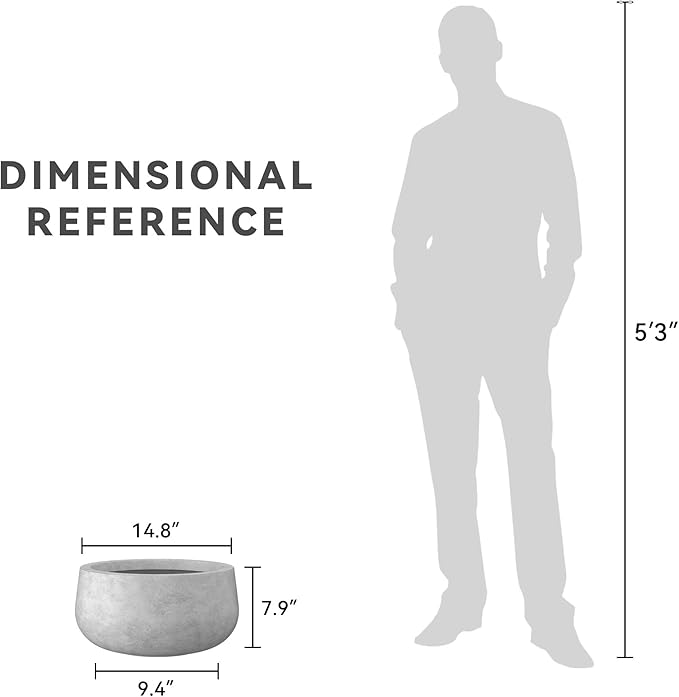 Kante 15.7" Dia Round Concrete Planter, Outdoor Indoor Garden Plant Pots with Drainage Hole and Rubber Plug, Modern Curvaceous Design, Natural Concrete