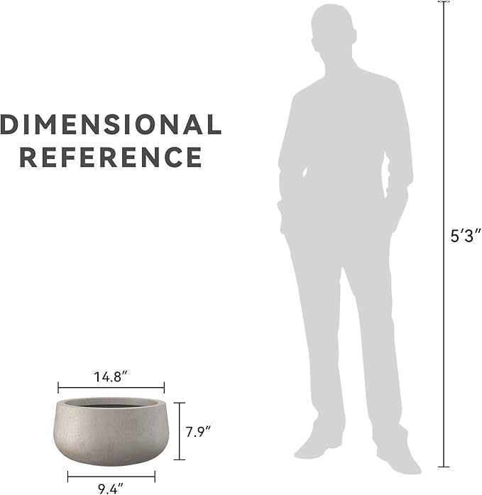 Kante 15.7" Dia Round Concrete Planter, Outdoor Indoor Garden Plant Pots with Drainage Hole and Rubber Plug, Modern Curvaceous Design, Weathered Concrete