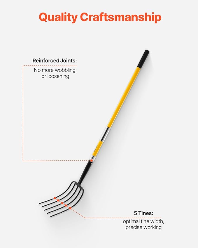 VEVOR Garden Fork, 5-Tine Gardening Pitchfork with Fiberglass Handle, 57 in Heavy Duty Digging Fork with Y Grip, Forged Steel Spading Fork for Hay Potato Composting Transplanting Aeration