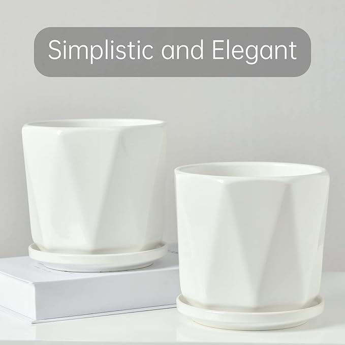 Octagon Ceramic Plant Pots - Indoor White Flower Planter Set with Drainage Holes, 6.7/5.5/4.7 Inch, Modern Decorative Planter Outdoor for Succulents Snakes and Herb