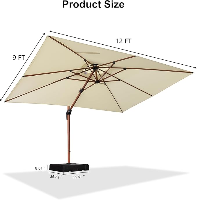 PURPLE LEAF 9' X 12' Double Top Deluxe Wood Pattern Rectangle Patio Umbrella with Base Offset Hanging Umbrella Outdoor Market Umbrella Garden Umbrella, Cream