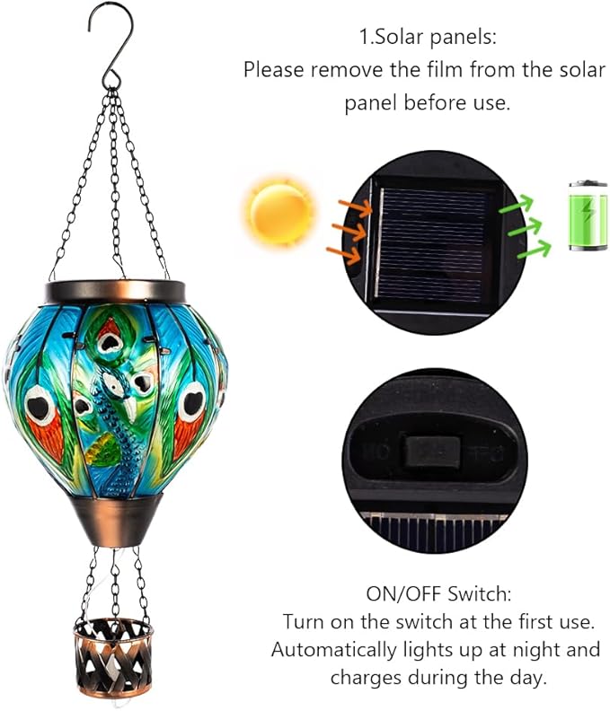 Peacock Hot Air Balloon Solar Lantern with Flickering Flame,Glass Hanging Solar Lanterns Outdoor Waterproof,Hot Air Balloon Decorative Lights for Patio Porch Yard Decor,Peacock Gifts for Women