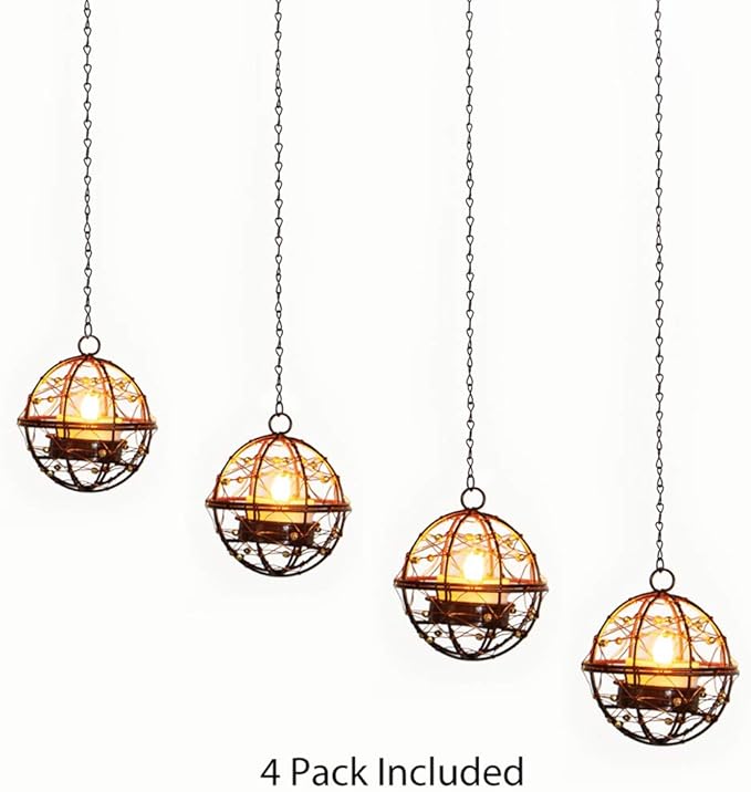 Solar Lights Outdoor Hanging Lanterns, ZHONGXIN Beaded Copper Wire Ball Candle Holder with Solar Tea Lights, Perfect for Home, Garden, Backyard, Pergola, Patio Umbrella, Tree, Window Decor-Set of 4