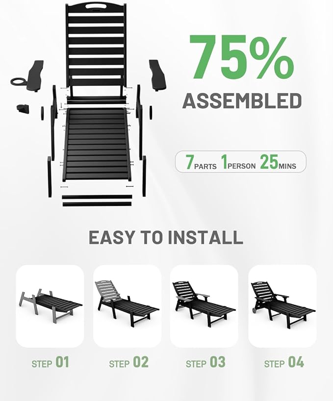 Lounge Chair Outdoor Set of 2, HDPE Chaise Lounge Outdoor with 6-Position & Wheels &Cup Holder, Pool Lounge Chair for Pool Poolside Deck Backyard Patio, Black