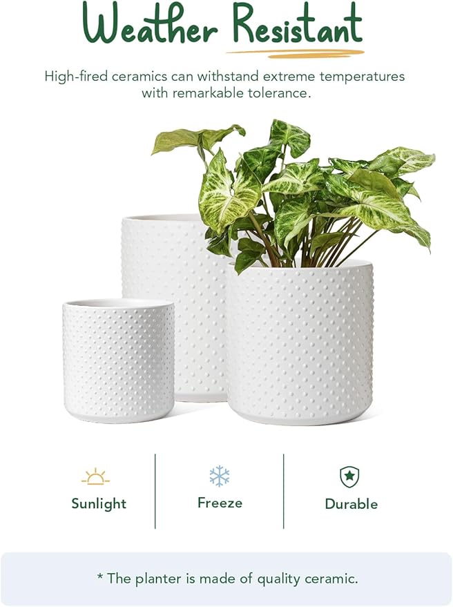 LE TAUCI 6+8+10 Inch Plant Pots Indoor, Ceramic Planter Pots for Plants, Raised Dots Flower Pots Indoor for Home and Office, Mid-Modern Century Pots Indoor with Drainage Hole and Silicone Plug, White