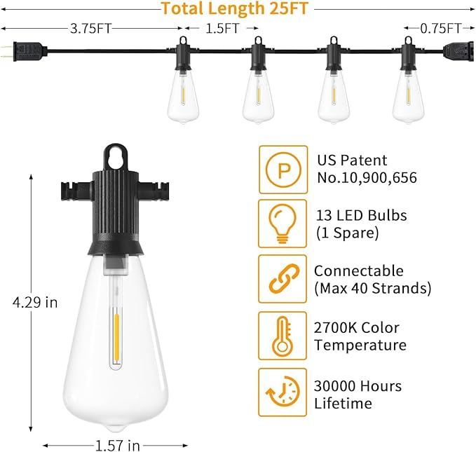 ZOTOYI Outdoor String Lights 25FT, Waterproof IP65 Patio Lights with 13 Shatterproof ST38 LED Bulbs, Outside Hanging Light Dimmable for Backyard, Bistro, Cafe, Garden 2700K Warm White
