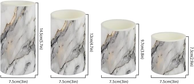 Flameless LED Candles Electric Candles with Remote Timer Control Color Changing Long Lasting Pillar Candles Tealights for Home Indoor Outdoor Decoration Pack of 4, Grey White Marble