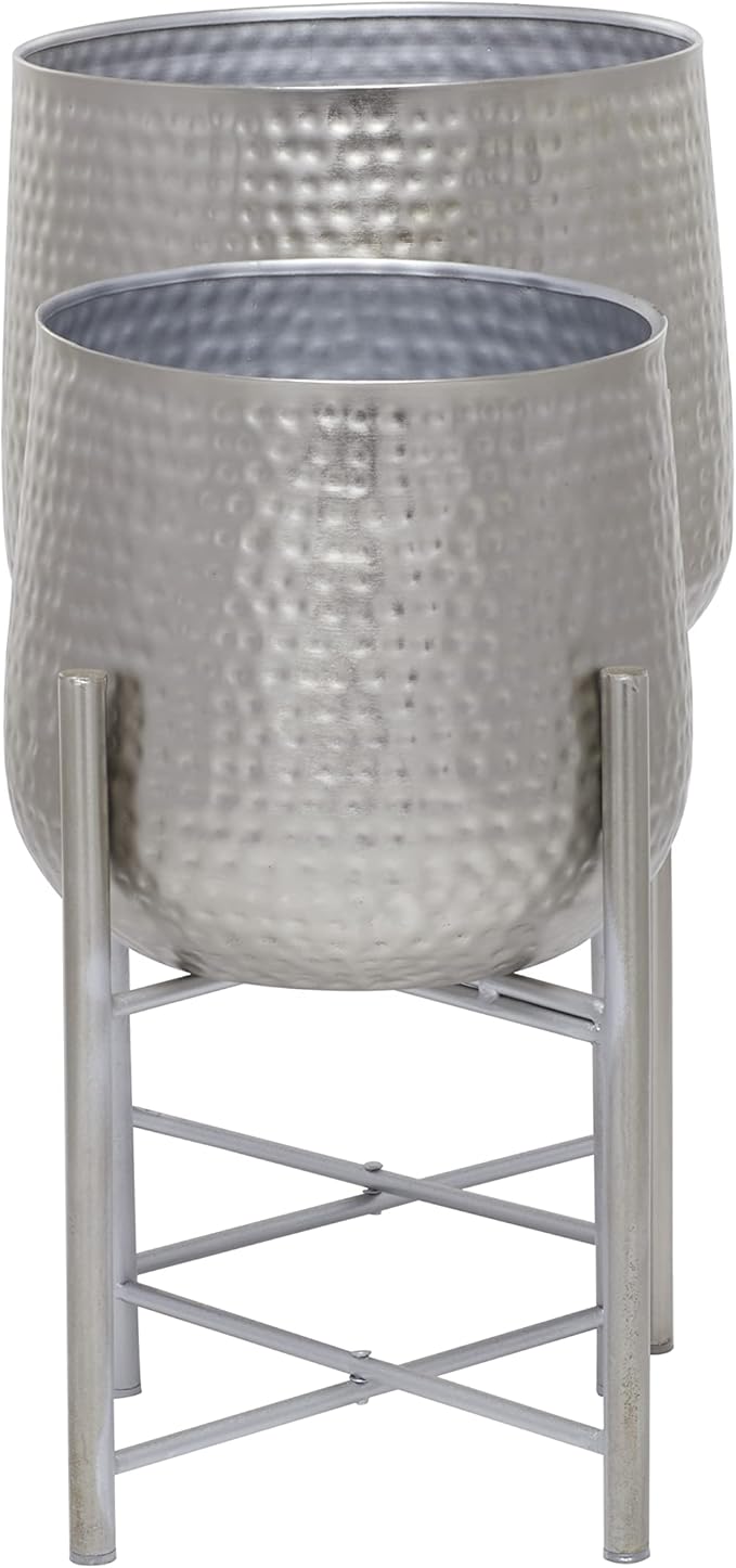 CosmoLiving by Cosmopolitan Metal Indoor Outdoor Planter Hammered Large Planter Pot with X-Shaped Stands, Set of 2 Planters 19", 16"H, Silver