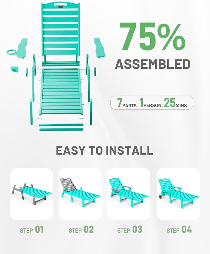 Lounge Chair Outdoor Set of 2, HDPE Chaise Lounge Chair Outdoor with 6-Position & Wheels &Cup Holder, Pool Lounge Chair for Pool Poolside Deck Backyard Patio, Lake Blue