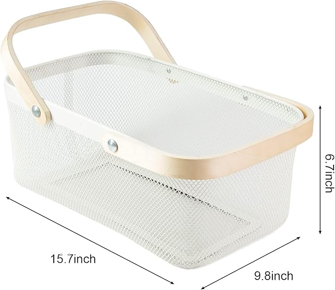 Portable Garden Harvest Basket-Mesh Design Natural Bamboo Handle Wire Storage Baskets,Mesh Basket with Handle Organize Items Reduce Space Occupation,Suitable for Kitchen,Garden,Picnic(White)