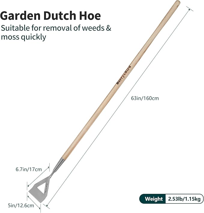 Berry&Bird Dutch Hoe for Weeding,63'' Stainless Steel Garden Weed Hoe with Long Wooden Handle,Heavy Duty Scuffle Hoe Manual Weeder Tool for Gardening Moss Removal Cutting Grass Soil Loosening & Edging