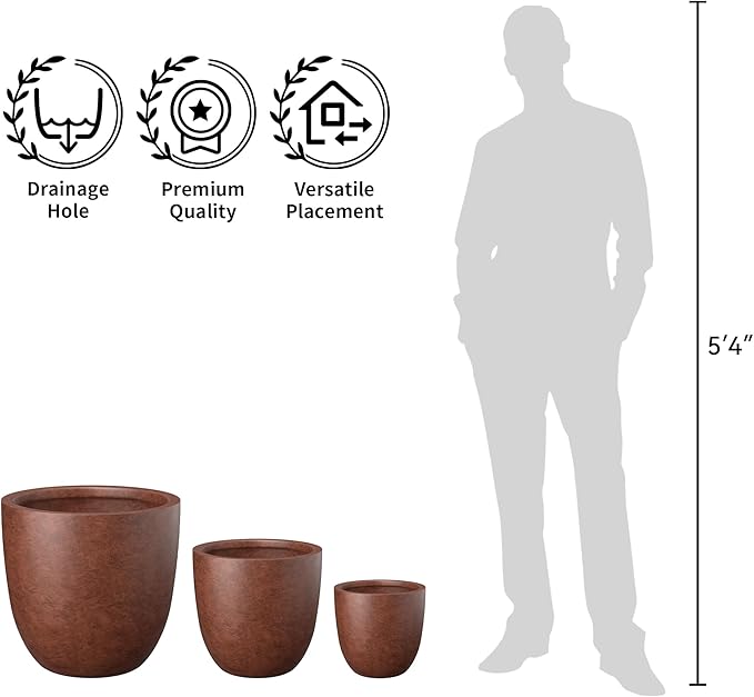 Kante 18",14",10" Dia Concrete Round Planters (Set of 3), Outdoor Indoor Large Planter Pots with Drainage Hole and Rubber Plug for Home Patio Garden, Rusty