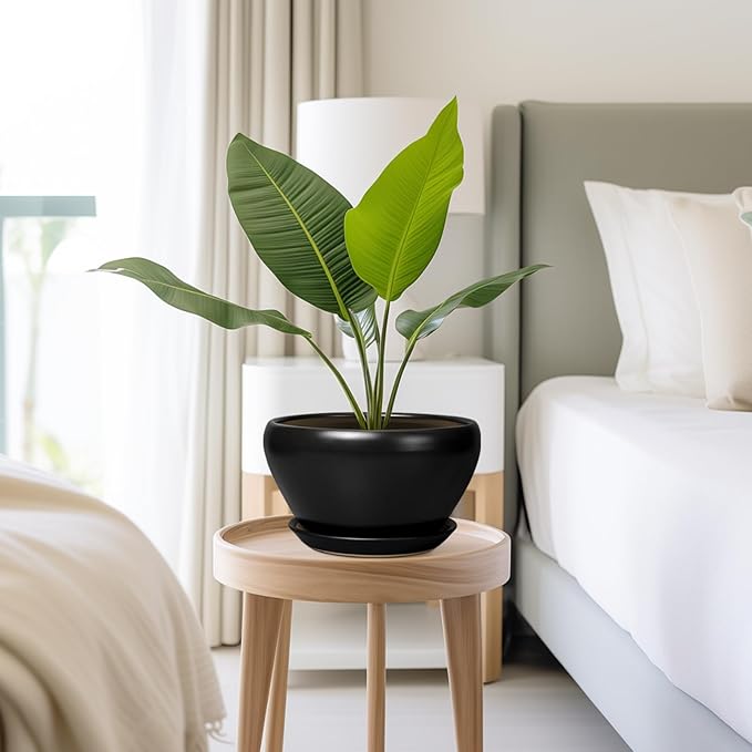 Plant Pot Large 9 Inch - Ceramic Pots for Plants with Drainage Hole and Saucer Round Planter for Indoor Plants Decorative Outdoor Flower Pot Large for House Balcony Black