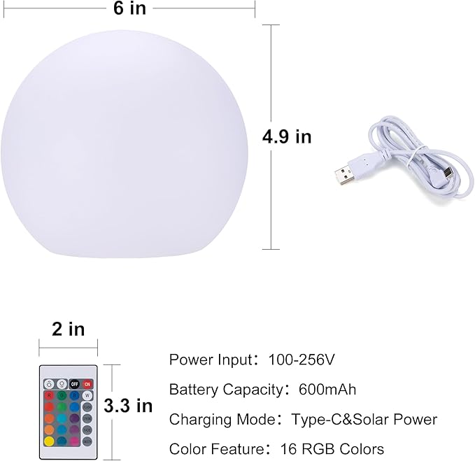 shumi Garden Ball Light-6inch LED Outdoor Table Lamp 16 RGB Colors and Dimmable Globe Light with Remote,Decor for Patio,Garden,Yard,Beach,Pathway