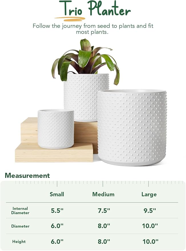 LE TAUCI Ceramic Plant Pots Indoor, 10+8+6 Inch Planters for Indoor Plants, Raised Dots Flower Pots with Drainage Hole and Plug, Cylinder Round Planters, Set of 3, White