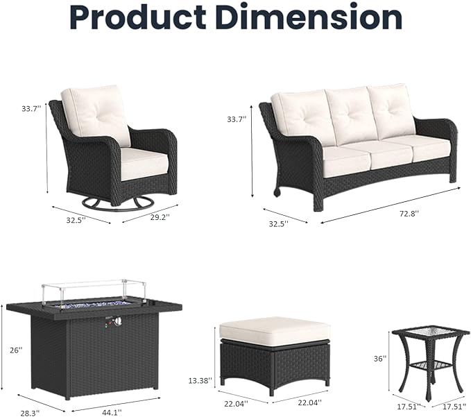 8 Pieces Outdoor Patio Furniture Sets with Rocking Swivel Chairs with 6-inch Thick Cushion and Fire Pit Table for Deck Lawn