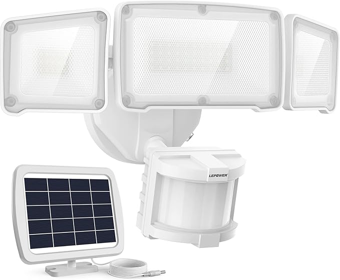 LEPOWER 1600LM LED Solar Security Lights Motion Outdoor, Motion Sensor Light, 5500K White Light, IP65 Waterproof Outdoor Flood Solar Light with 3 Adjustable Head for Yard, Garage(White)