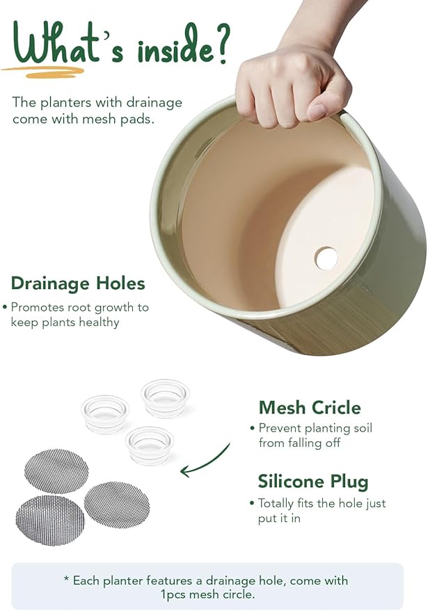 LE TAUCI Large Plant Pots Set, 10/8/6 Inch Ceramic Planters for Indoor Plants, Mid-Century Modern Flower Planter Pots with Drainage Hole and Plug, Round Planter, Set of 3, Reactive Glaze Olive Green
