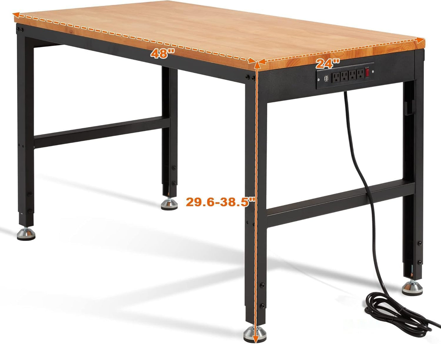 Haddockway Adjustable Workbench for Garage,48"x 24" Rubber Wood Top Worktable with Power Outlets, Max 2000 Lbs Load Capacity Heavy Duty Workstation for Workshop Office Home (Black Frame, 48in)