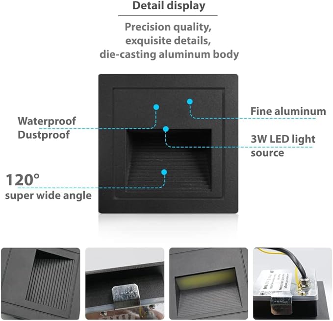 4Pack 3W LED Recessed Wall Light,120V Step Lights Warm White 3000K, IP65 Waterproof Stair Light Staircase Light lamp, Inside Outside Garden Balcony Corridor, Aluminum,Black