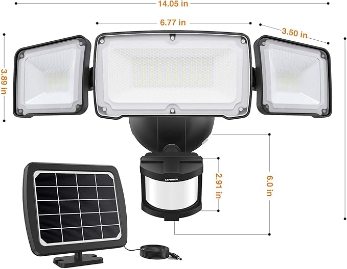 LEPOWER 1600LM LED Solar Security Lights Motion Outdoor, 5500K White Light, IP65 Waterproof Outdoor Flood Solar Light for Yard, Garage(Black)