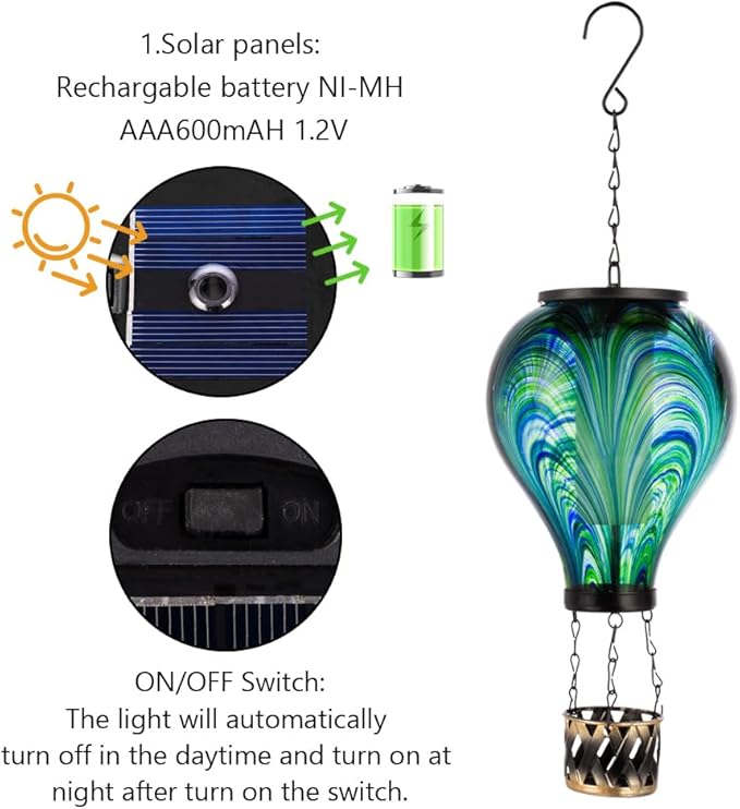 Starsoul Hot Air Balloon Solar Lantern Flickering Flame Light Tie-Dye Style Glass Solar Powered Hot Air Balloon Lamp Hanging Outdoor Lantern Waterproof Decor for Patio, Garden, Porch