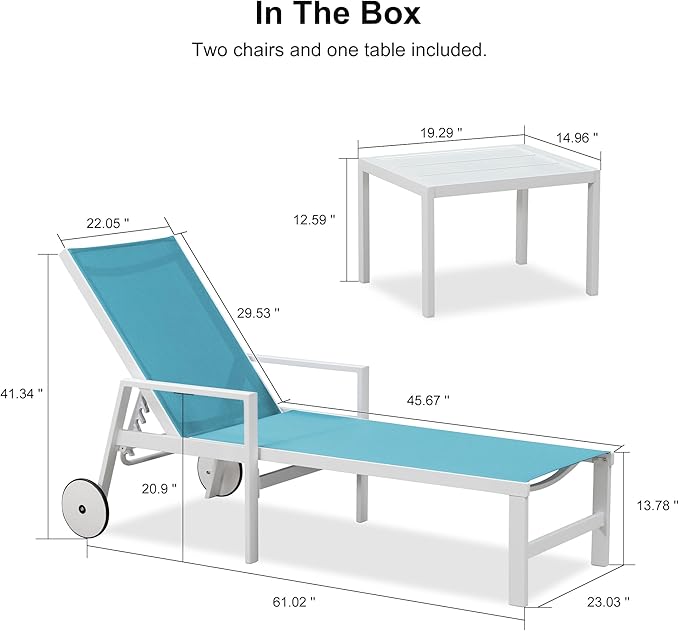 PURPLE LEAF Outdoor Lounge Chairs Set of 4 White Aluminum Chaise Lounge Chair Outdoor with Wheels and Armrest for Patio Deck Pool Side Table Include, Turquoise
