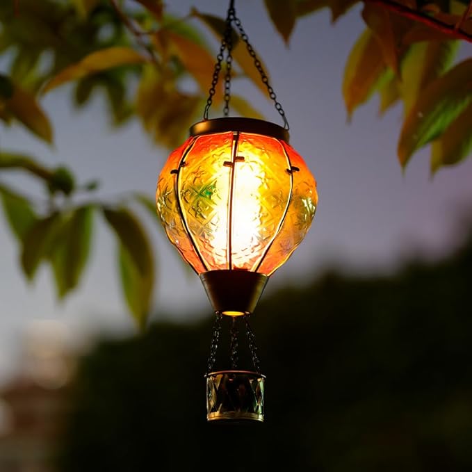 DREAMSOUL Rainbow Hot Air Balloon Solar Lantern, Metal & Glass With Flickering Flame, Hanging Waterproof Outdoor Lantern for Lawn, Patio, Tree Decor, Christmas Gifts