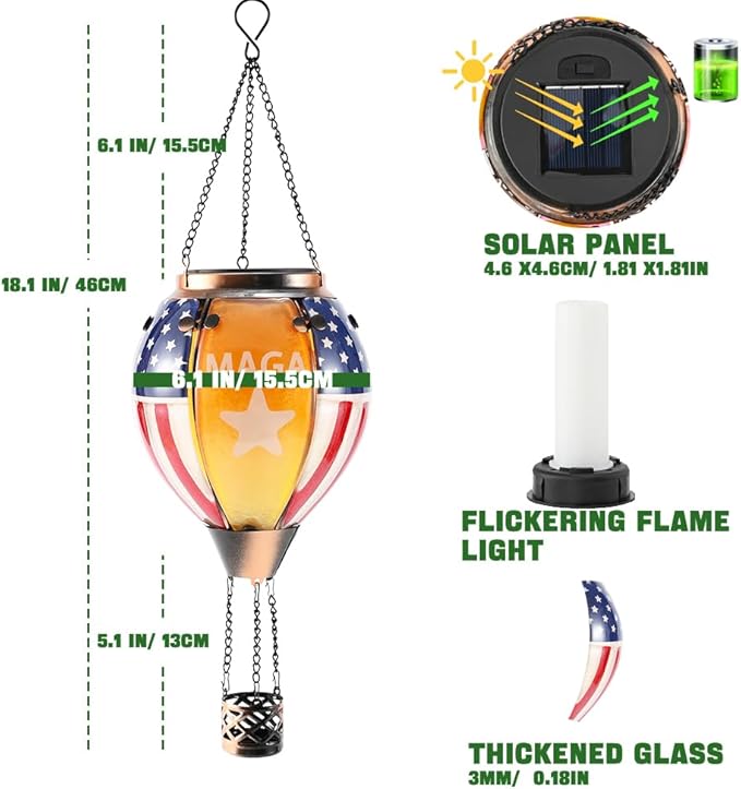 U.S Flag Hot Air Balloon Solar Lantern - MAGA Simulated Flickering Flame Stained Glass Light for Outdoor, Yard Hanging/ Waterproof IP65, Ideal 4th of July Gift for Patriot Veterans Patio Decor