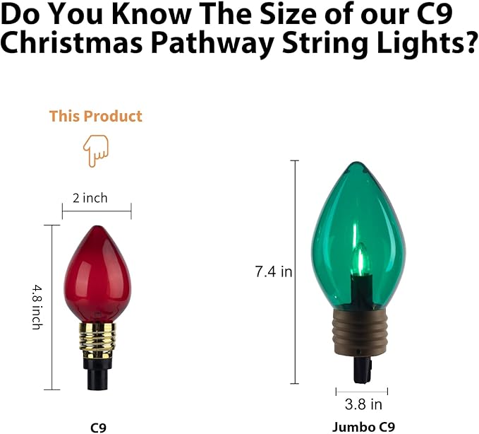 C9 Christmas Pathway Lights Outdoor-17.4 Ft 10 Lights C9 Walkway Lights Waterproof for Ground Sidewalk Driveway Yard Outdoor Christmas Decorations