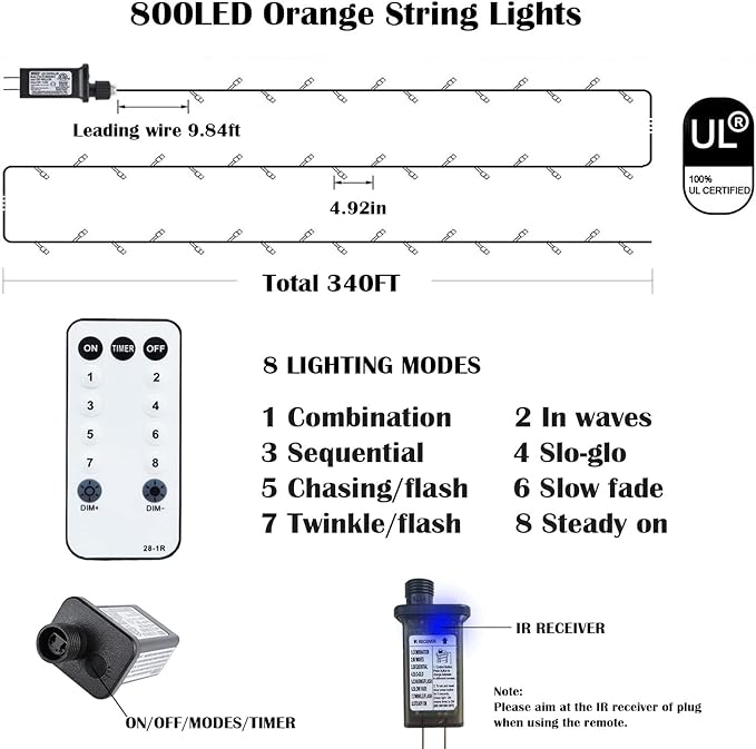 Orange Halloween Lights, 800LED 330FT Orange String Lights 8 Modes Timer Plug in Waterproof Indoor Outdoor Orange Christmas Lights for Halloween Christmas Garden Party Decoration