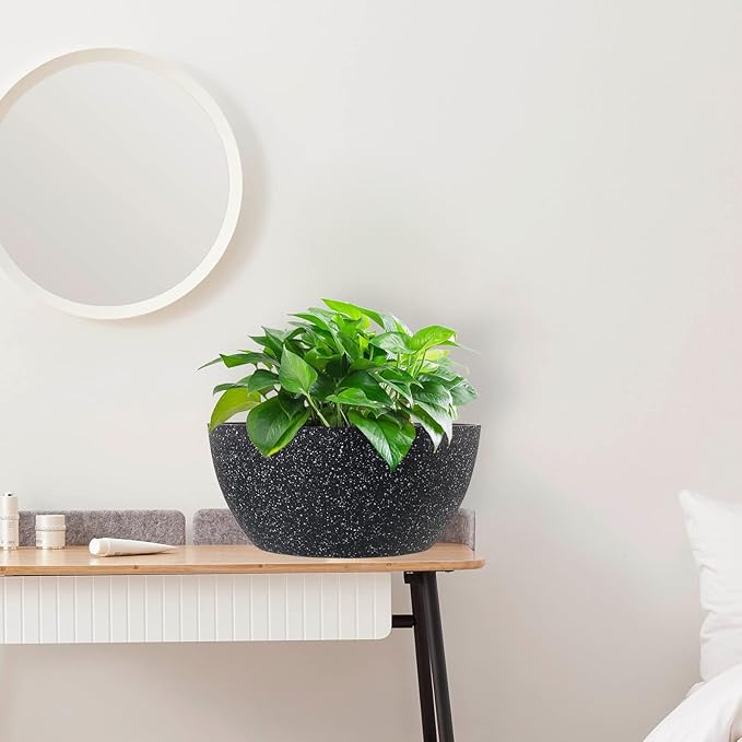 13 inch Large Hanging Planters Plant Pots for Outdoor Indoor Plants with Drainage Holes and Chain, 2 Pack Round Hanging Flower Pots for Garden Home Porch Decor, Speckled Black