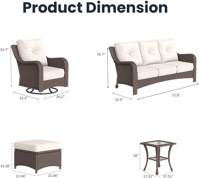7 Pieces Outdoor Patio Furniture Sets with Rocking Swivel Chairs with 6-inch Thick Cushion and Side Table for Deck Lawn
