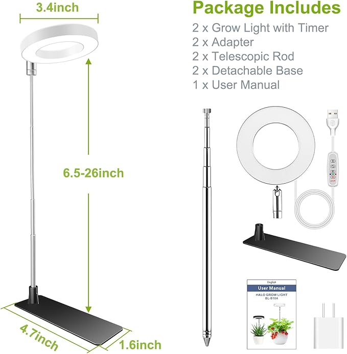 Grow Lights for Indoor Plants, Full Spectrum Halo Growing lamp with Detachable Base, Height Adjustable, 3 Colors, 10 Dimming, Automatic Timer, Plant Light for Small Plants Growing, 2 Pack
