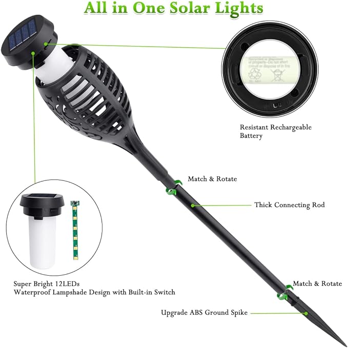 Outdoor Solar Lights, 6Pack Solar Torch Light with Flickering Flame, Garden Lights Waterproof for Outdoor Decor, Tiki Torches for Outside, Luces Solares para Exteriores Pathway Yard Garden Decor
