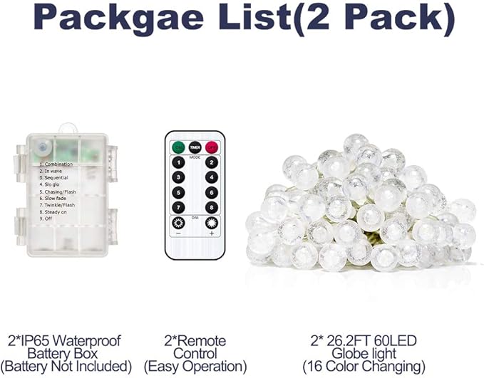 YoTelim Globe String Lights Battery Operated ,2 Pack 26.2FT 60 LED Cool White Water Proof Crystal Ball Outdoor String Lights with Remote Control for Home, Patio,Party, Christmas, Garden Decor