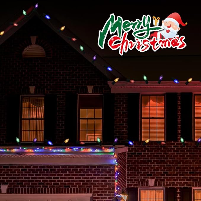 C9 LED Christmas Pathway Lights, 38FT Multi-Color Christmas Pathway String Lights with 25 Multi-Color LED Light Bulbs and Stakes for Outdoor Walkway Driveway Backyard Christmas Decorations