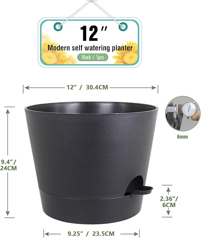 12 inch Large Self Watering Pots for Indoor Outdoor Plants, Flower Plant Pots with Mesh Drainage Holes for Garden House Plants, Plastic Planters with Reservoir for Home Decor, Black