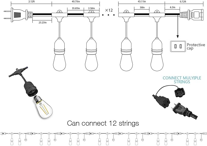 Banord Outdoor String Lights, 48FT Waterproof Patio Lights with 2W Dimmable LED Bulbs, for Outdoor Backyard, Garden, Deck, Porch, Gazebo, Balcony, Camping, Party
