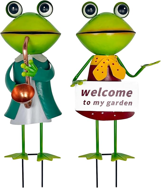 HONGLAND Metal Frog Garden Decor - Metal Frog Outdoor Statue -Outdoor Garden Decorations - 3D Frog Figurines - Christmas Holiday Lawn Patio Yard Fairy Garden Decor (with Welcome)