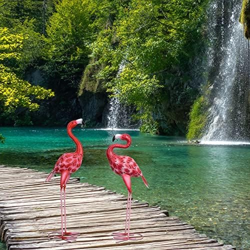 2Pcs Metal Flamingo Statues, Hot Pink Flamingo Outdoor Decor for Garden Home Patio Lawn Backyard Ornaments