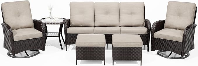 Joyside 6 Piece Patio Furniture Set, Outdoor Wicker Conversation Sets with Swivel Rocker Chairs and Sofa, Thick Cushion, Rattan Patio Sectional for Porch, Deck Use (Brown/Beige, 6 PCS)
