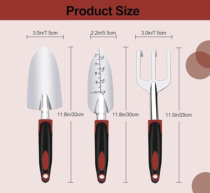 Garden Tool Set, 3 Piece Gardening Tools Includes Garden Trowel, Transplant Trowel and Hand Rake with Non-Slip Ergonomic Handle, Heavy Duty Garden Kit for Planting, Garden Gifts Red