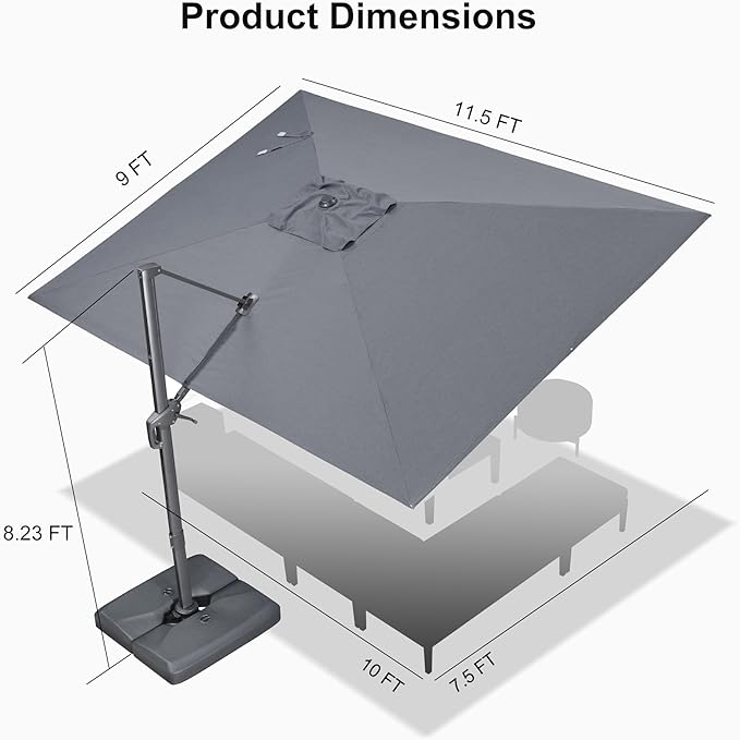PURPLE LEAF 9' X 11.5' Rectangle Patio Umbrella Outdoor Large Aluminum Cantilever Umbrella with 3 Years Fade Resistance Recycled Fabric and 360-degree Rotation for Garden Deck Pool, Mist Grey
