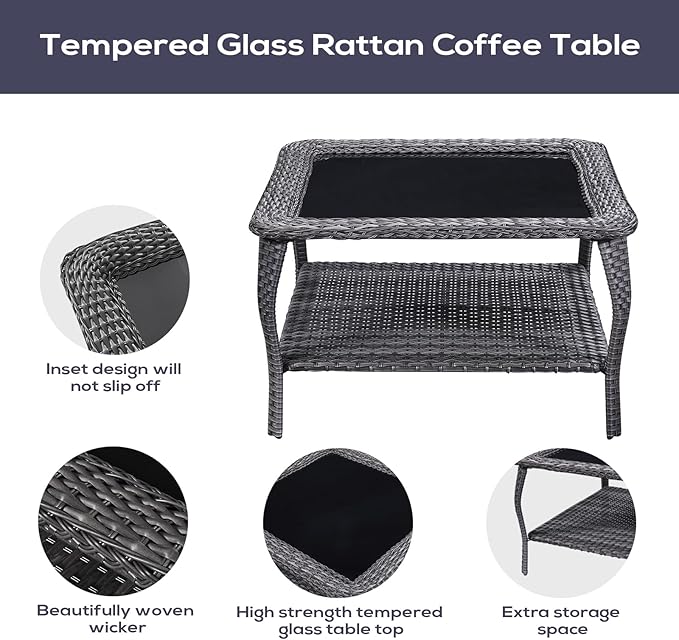 Outdoor Furniture Sectional Sofa L Shaped Couch - Patio Wicker Set with 2 Swivel Glider Chairs, 5 Piece Rattan Patio Conversation Sets with Gray Cushion for Deck Backyard Sunroom