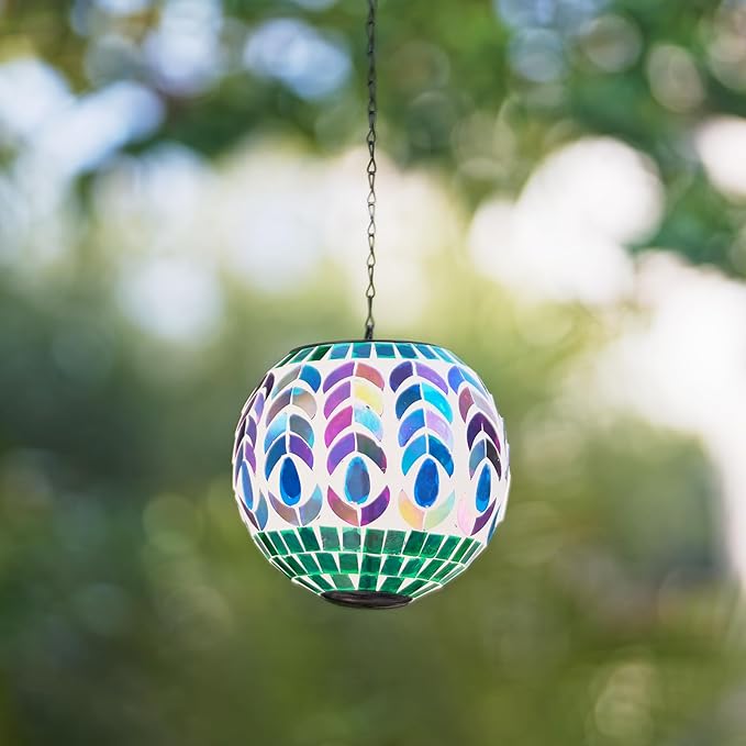 Solar Hanging Lanterns Outdoor Waterproof Glass Mosaic Gazing Ball Globe Hanging Lantern Lights for Patio Garden Yard Home Decor (Colorful)