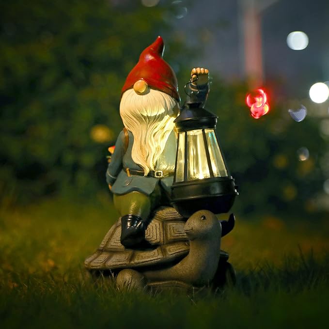 Gnome and Turtle Garden Decor, Large Outdoor Garden Sculptures & Statues, Outside Patio Yard Lawn Decorations, Housewarming for Women, Mom, Grandma with Solar Lantern