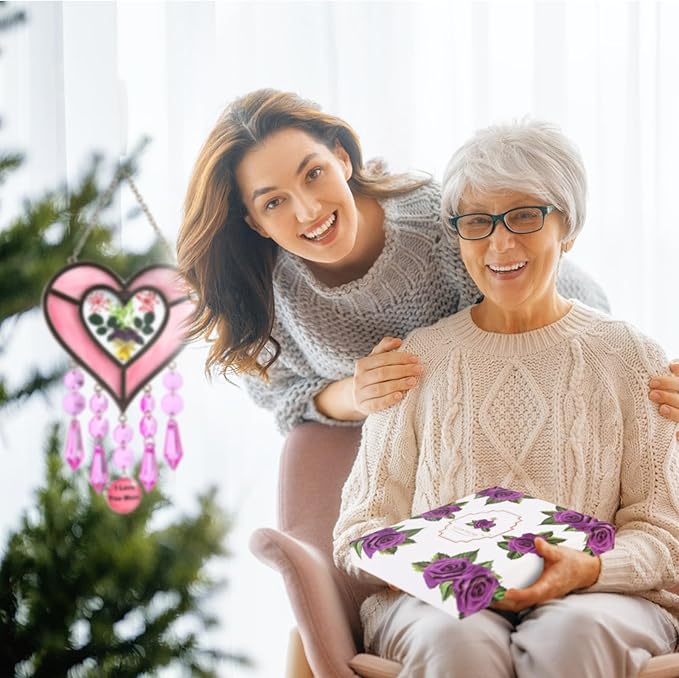 Gifts for Mom Suncatcher Heart Shaped I Love You Mom - Colored Glass Light Catcher Hanging Wind Chime Decorations Window Gifts Mother's Day Valentine's Day Birthday Christmas (Pink)