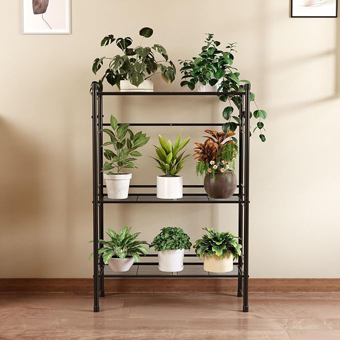 New England Stories Outdoor Plant Stand, 3-Tier Metal Plant Rack, Heavy Duty and Waterproof Plant Shelf, Stackable Tall Flower Pot Holder for Garden Display Rack, Black